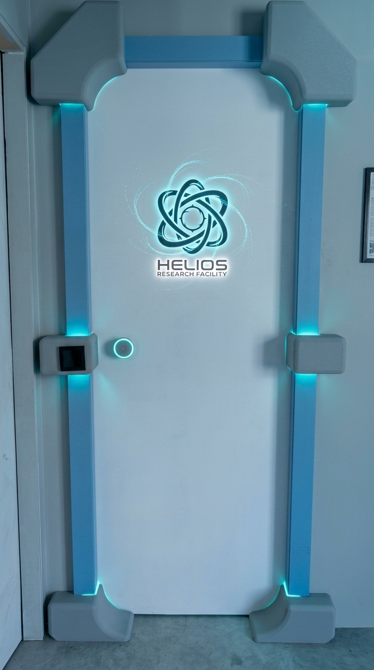 De deur van Helios met het logo en een scanner