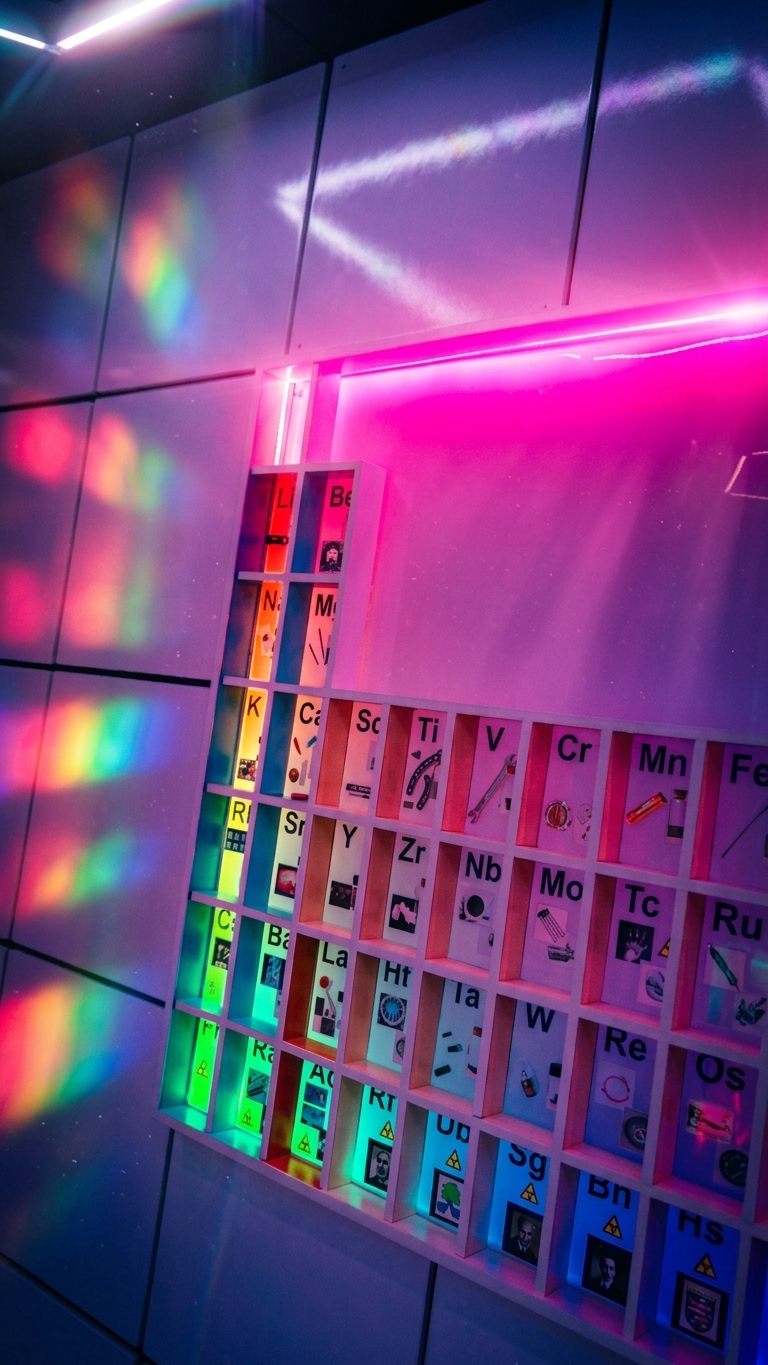 Periodiek systeem onder roze neonlicht