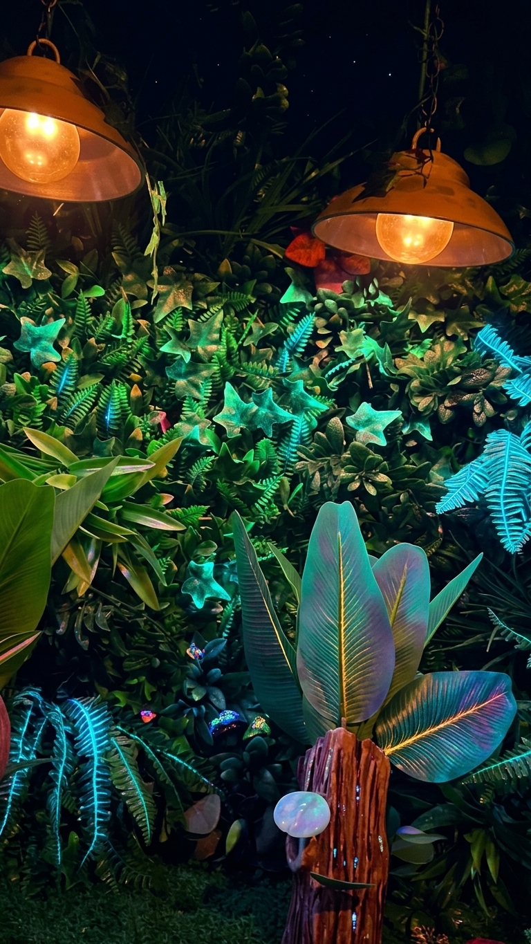 Tropische planten onder koperen lampen